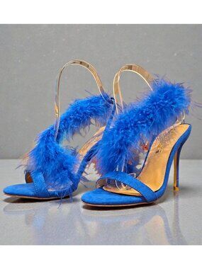 Blue Feather High Heel Slingback Open Toe Sandals